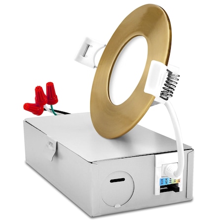 Luxrite 3 Inch Ultra Thin LED Recessed Downlight 5CCT 2700K-5000K 8W 540LM Dimmable IC Rated Brass Trim LR23751 LR23857-1PK